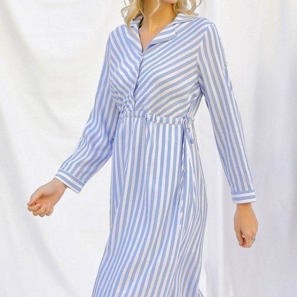 Women's Light Blue Stripe Print Cinched Waist Long Sleeve Shirt Midi Dress NWT - Picture 3 of 5